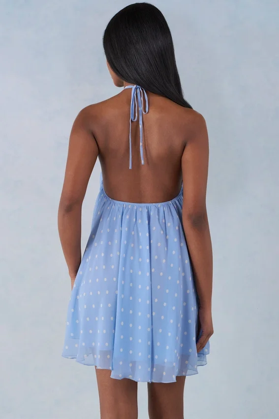 Evania Halterneck Babydoll Mini Dress in Blue Polka Dot Print Evania Halterneck Babydoll Mini Dress in Blue Polka Dot Print