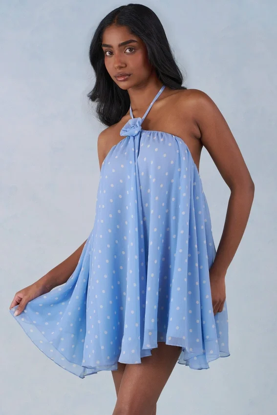 Evania Halterneck Babydoll Mini Dress in Blue Polka Dot Print Evania Halterneck Babydoll Mini Dress in Blue Polka Dot Print