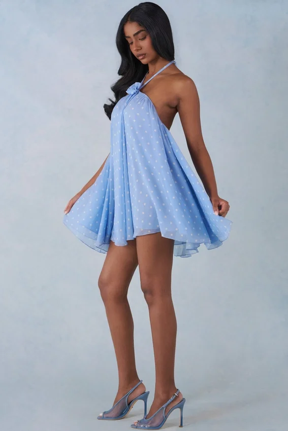 Evania Halterneck Babydoll Mini Dress in Blue Polka Dot Print Evania Halterneck Babydoll Mini Dress in Blue Polka Dot Print