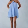Evania Halterneck Babydoll Mini Dress in Blue Polka Dot Print Evania Halterneck Babydoll Mini Dress in Blue Polka Dot Print