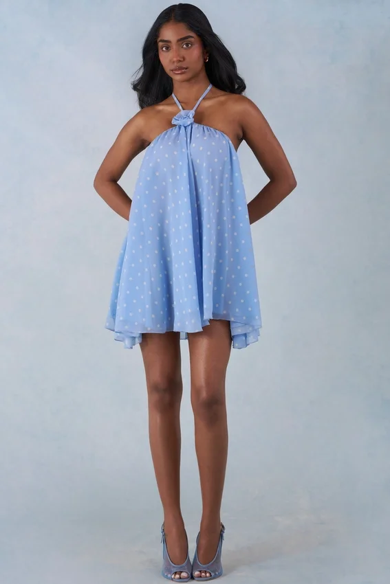 Evania Halterneck Babydoll Mini Dress in Blue Polka Dot Print Evania Halterneck Babydoll Mini Dress in Blue Polka Dot Print