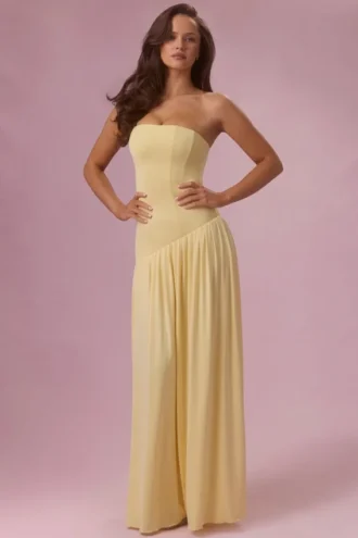 Evelina Jersey Strapless Gown in Butter Yellow Evelina Jersey Strapless Gown in Butter Yellow
