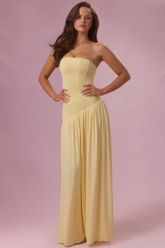 Evelina Jersey Strapless Gown in Butter Yellow Evelina Jersey Strapless Gown in Butter Yellow