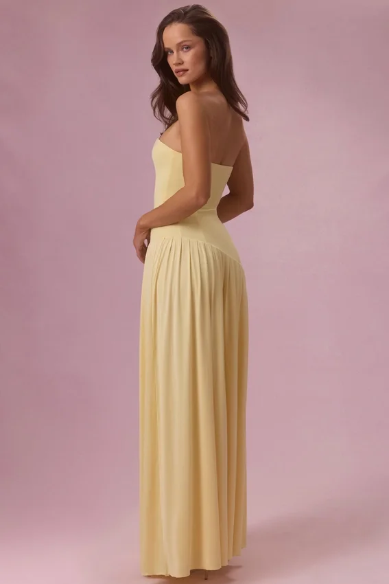 Evelina Jersey Strapless Gown in Butter Yellow Evelina Jersey Strapless Gown in Butter Yellow