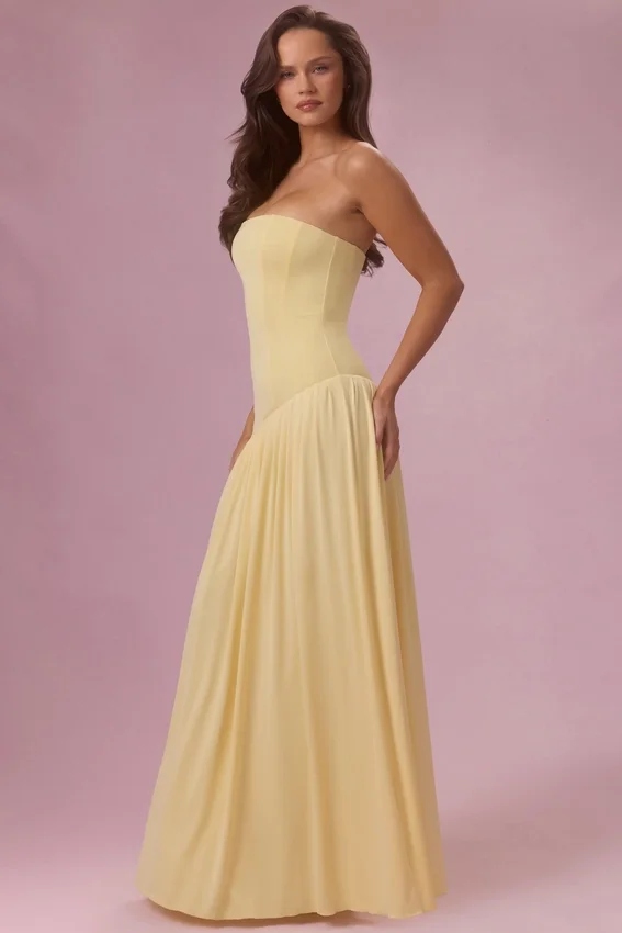 Evelina Jersey Strapless Gown in Butter Yellow Evelina Jersey Strapless Gown in Butter Yellow
