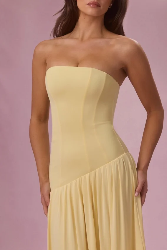 Evelina Jersey Strapless Gown in Butter Yellow Evelina Jersey Strapless Gown in Butter Yellow