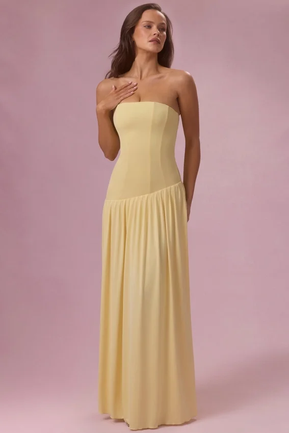Evelina Jersey Strapless Gown in Butter Yellow Evelina Jersey Strapless Gown in Butter Yellow