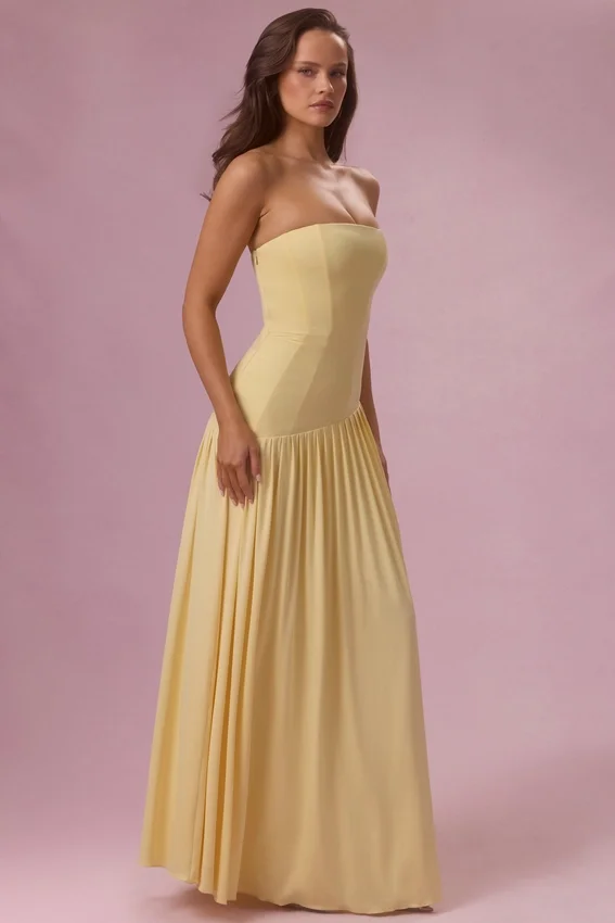Evelina Jersey Strapless Gown in Butter Yellow Evelina Jersey Strapless Gown in Butter Yellow