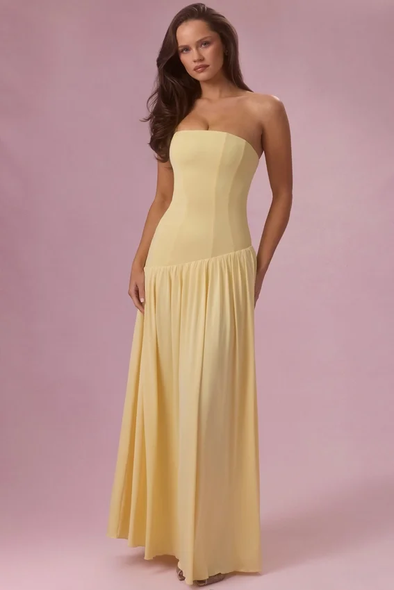 Evelina Jersey Strapless Gown in Butter Yellow Evelina Jersey Strapless Gown in Butter Yellow
