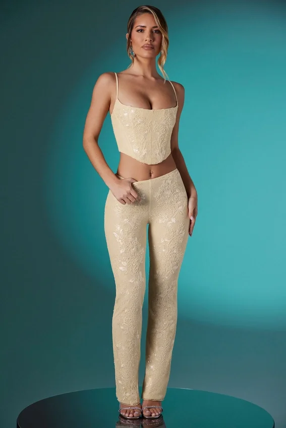 Fallon Petite Embellished Lace Low Rise Trousers in Ivory Fallon Petite Embellished Lace Low Rise Trousers in Ivory
