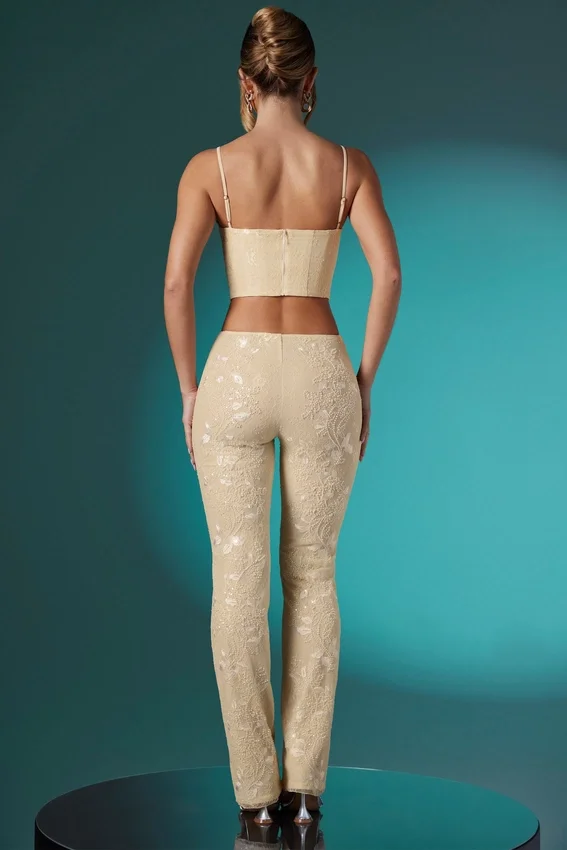 Fallon Petite Embellished Lace Low Rise Trousers in Ivory Fallon Petite Embellished Lace Low Rise Trousers in Ivory