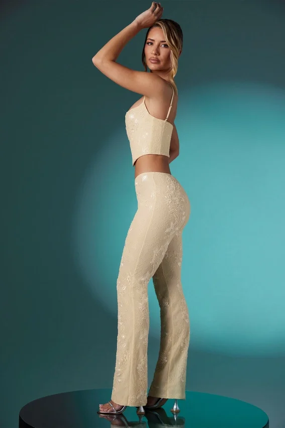 Fallon Petite Embellished Lace Low Rise Trousers in Ivory Fallon Petite Embellished Lace Low Rise Trousers in Ivory