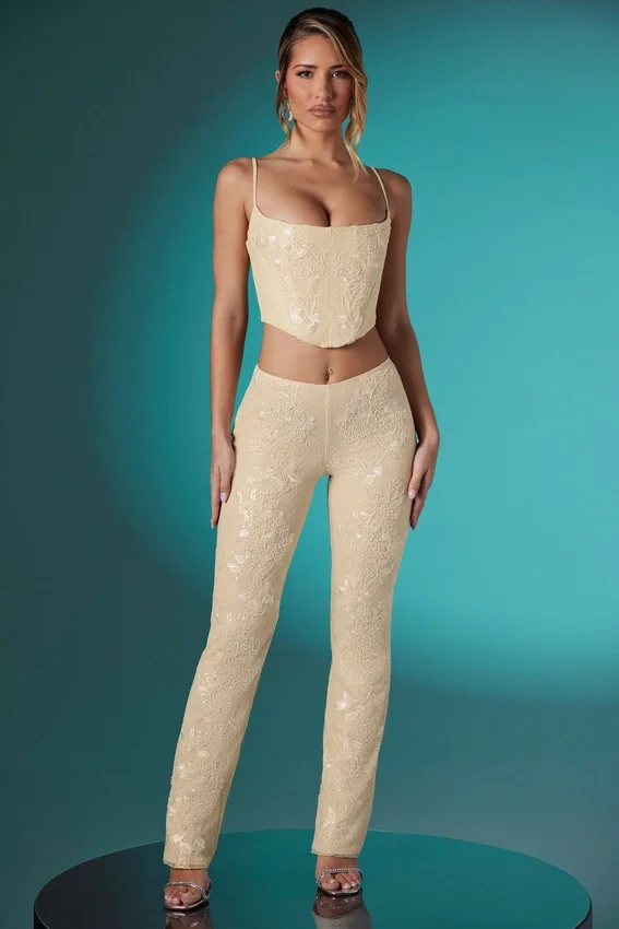 Fallon Petite Embellished Lace Low Rise Trousers in Ivory Fallon Petite Embellished Lace Low Rise Trousers in Ivory