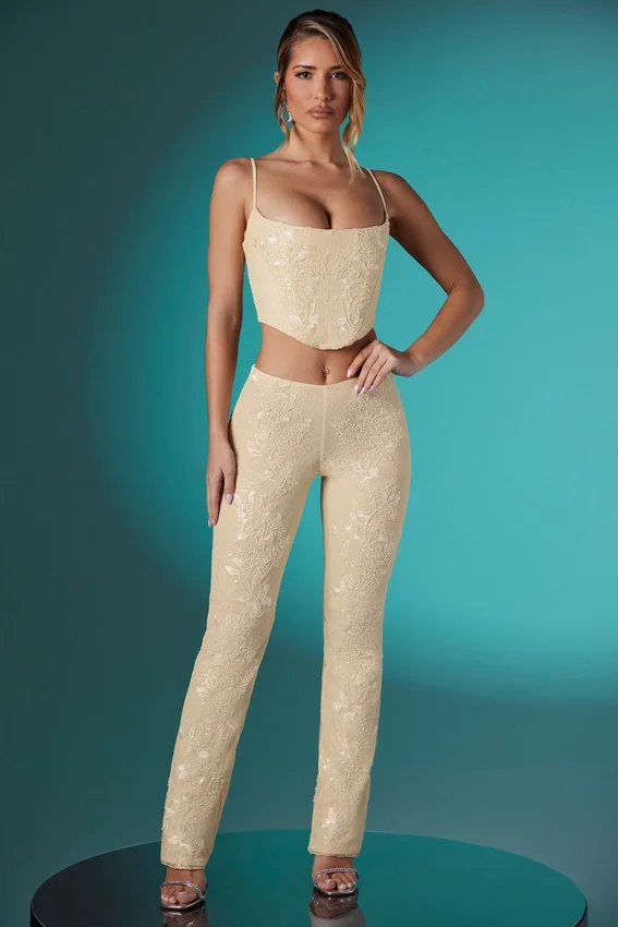 Fallon Petite Embellished Lace Low Rise Trousers in Ivory Fallon Petite Embellished Lace Low Rise Trousers in Ivory