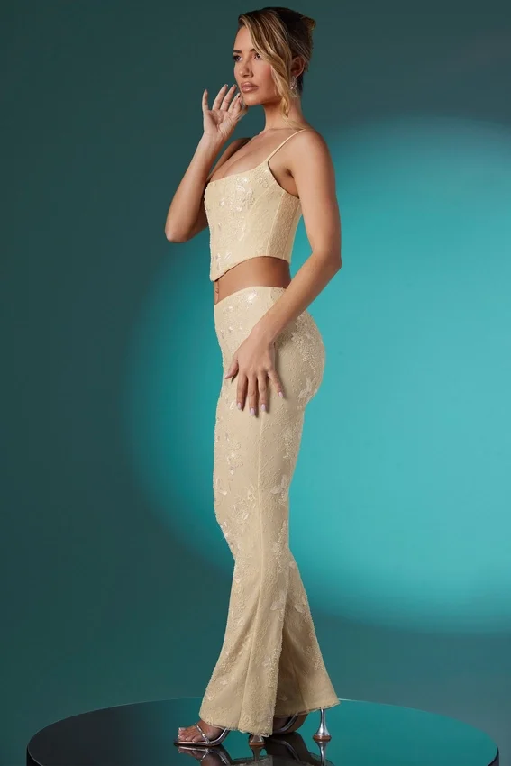 Fallon Petite Embellished Lace Low Rise Trousers in Ivory Fallon Petite Embellished Lace Low Rise Trousers in Ivory