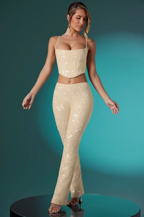 Fallon Petite Embellished Lace Low Rise Trousers in Ivory Fallon Petite Embellished Lace Low Rise Trousers in Ivory