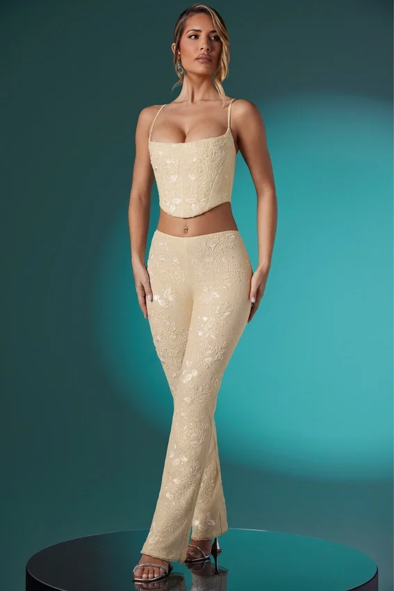 Fallon Petite Embellished Lace Low Rise Trousers in Ivory Fallon Petite Embellished Lace Low Rise Trousers in Ivory