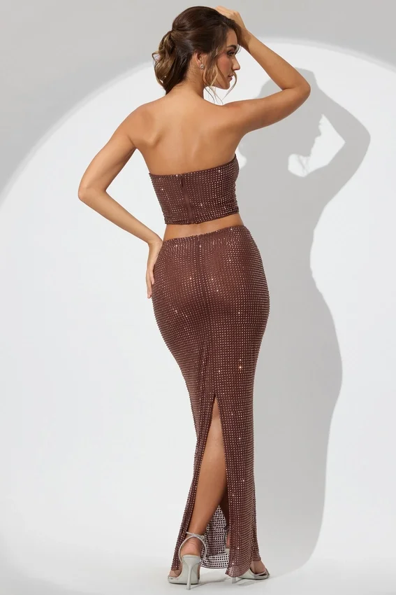 Fausta Embellished Mid Rise Maxi Skirt in Espresso Fausta Embellished Mid Rise Maxi Skirt in Espresso