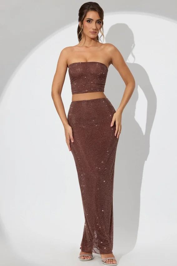 Fausta Embellished Mid Rise Maxi Skirt in Espresso Fausta Embellished Mid Rise Maxi Skirt in Espresso