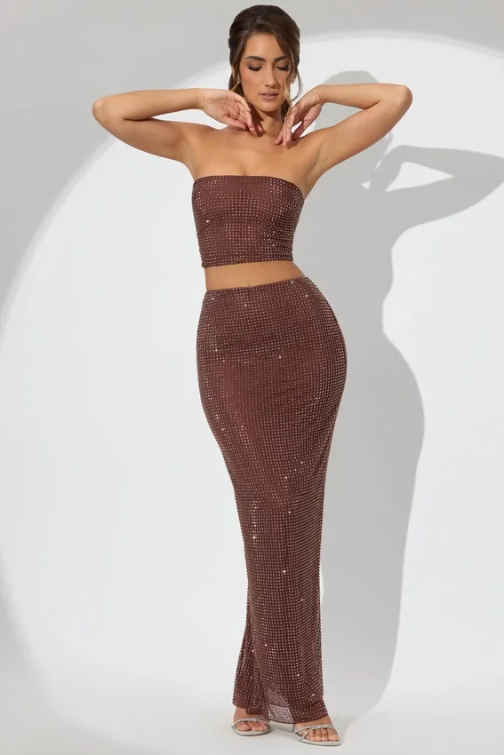 Fausta Embellished Mid Rise Maxi Skirt in Espresso Fausta Embellished Mid Rise Maxi Skirt in Espresso