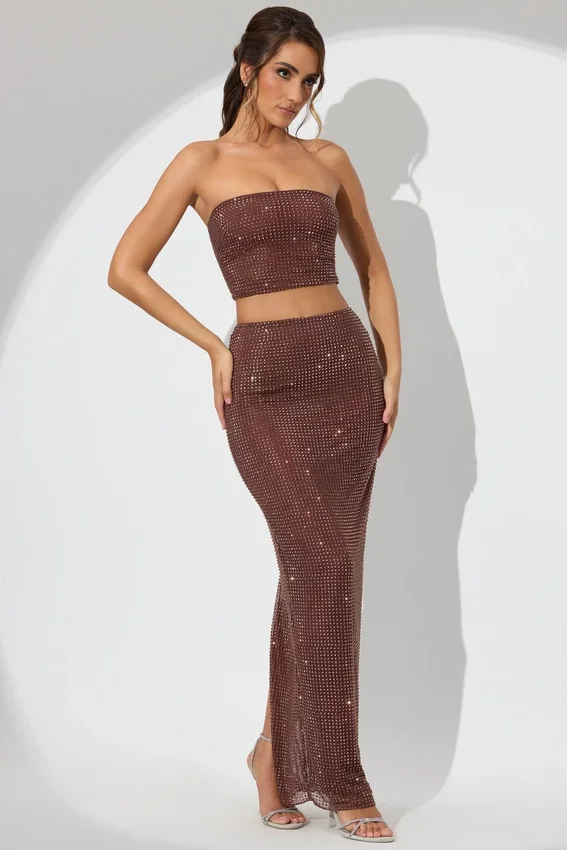 Fausta Embellished Mid Rise Maxi Skirt in Espresso Fausta Embellished Mid Rise Maxi Skirt in Espresso