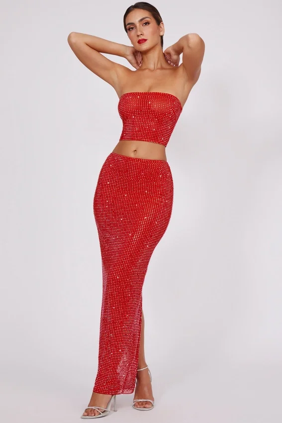 Fausta Embellished Mid Rise Maxi Skirt in Fire Red Fausta Embellished Mid Rise Maxi Skirt in Fire Red