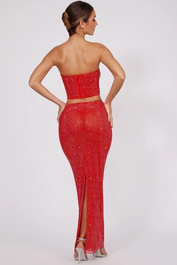 Fausta Embellished Mid Rise Maxi Skirt in Fire Red Fausta Embellished Mid Rise Maxi Skirt in Fire Red