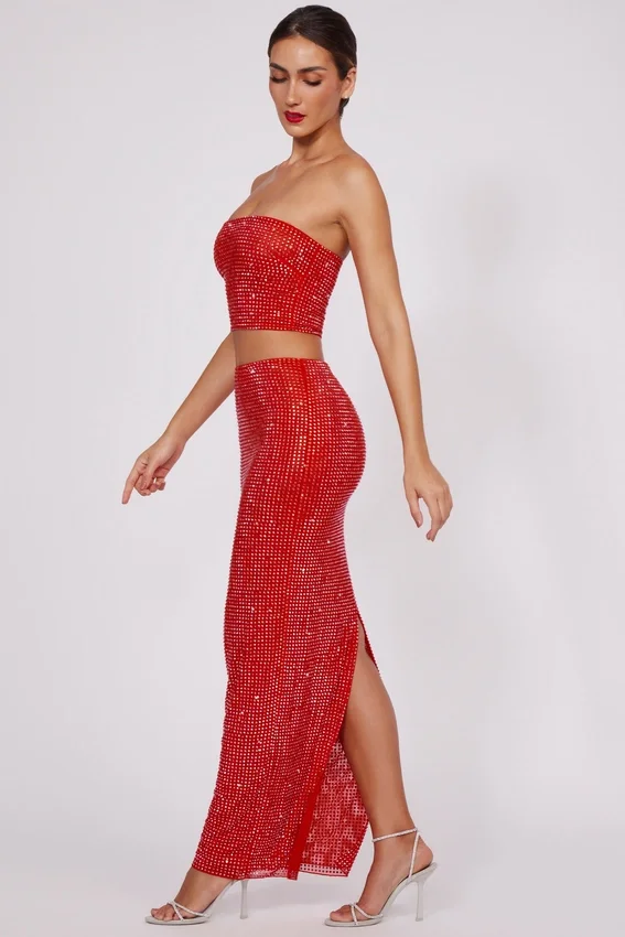 Fausta Embellished Mid Rise Maxi Skirt in Fire Red Fausta Embellished Mid Rise Maxi Skirt in Fire Red