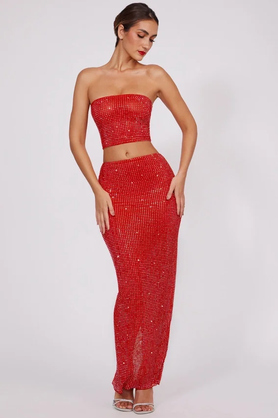 Fausta Embellished Mid Rise Maxi Skirt in Fire Red Fausta Embellished Mid Rise Maxi Skirt in Fire Red