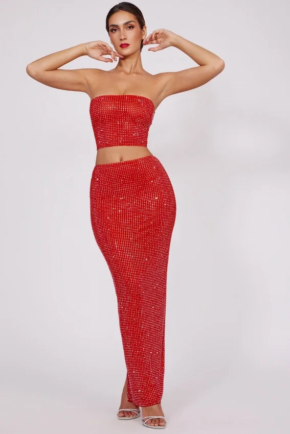 Fausta Embellished Mid Rise Maxi Skirt in Fire Red Fausta Embellished Mid Rise Maxi Skirt in Fire Red