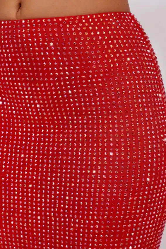 Fausta Embellished Mid Rise Maxi Skirt in Fire Red Fausta Embellished Mid Rise Maxi Skirt in Fire Red