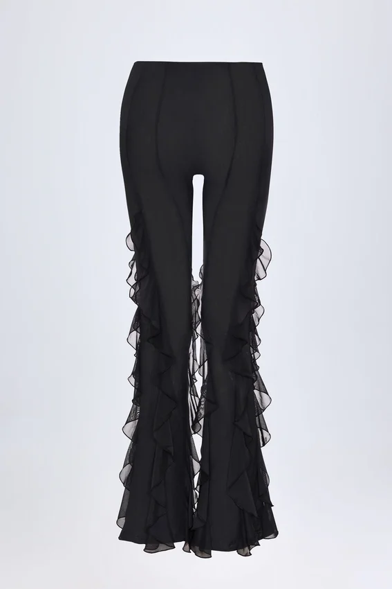 Felicity Ruffled Mid-Rise Flared Trousers in Black Felicity Ruffled Mid-Rise Flared Trousers in Black