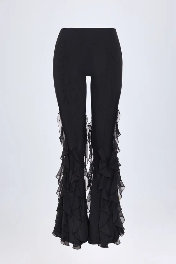 Felicity Ruffled Mid-Rise Flared Trousers in Black Felicity Ruffled Mid-Rise Flared Trousers in Black