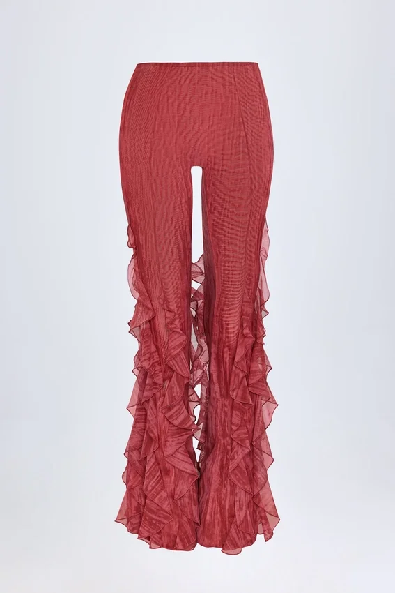 Felicity Ruffled Mid-Rise Flared Trousers in Red Print Felicity Ruffled Mid-Rise Flared Trousers in Red Print