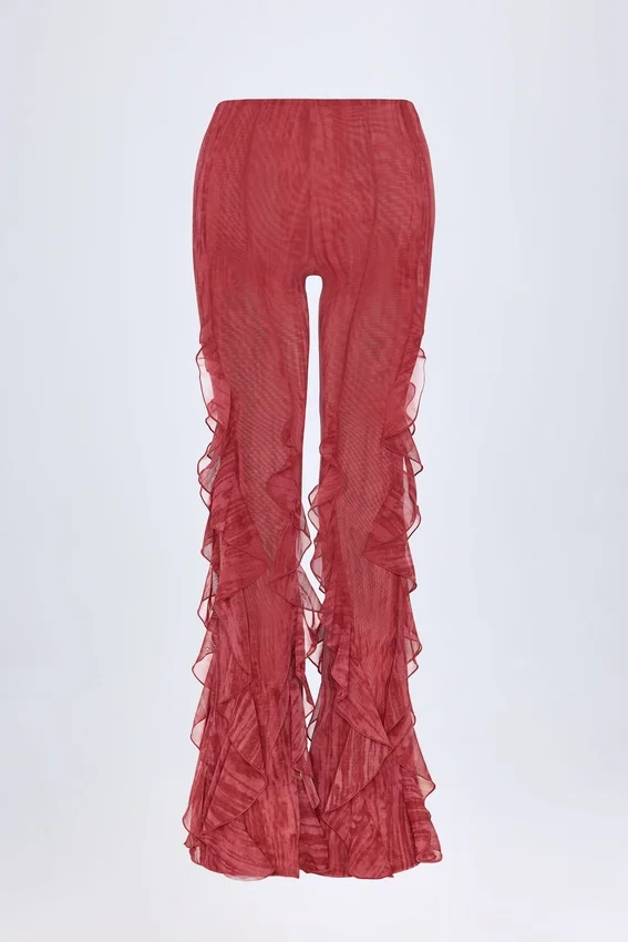 Felicity Ruffled Mid-Rise Flared Trousers in Red Print Felicity Ruffled Mid-Rise Flared Trousers in Red Print