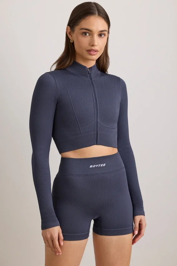 FlexiRib Zip-Up Cropped Jacket in Indigo Slate FlexiRib Zip-Up Cropped Jacket in Indigo Slate