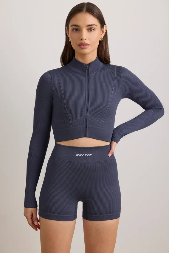 FlexiRib Zip-Up Cropped Jacket in Indigo Slate FlexiRib Zip-Up Cropped Jacket in Indigo Slate