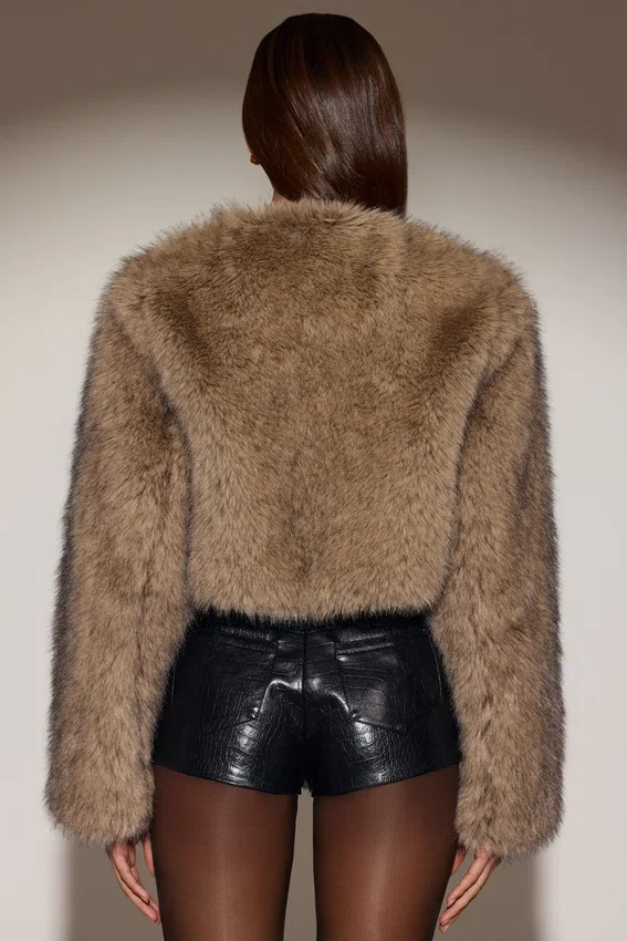 Galaia Cropped Faux-Fur Jacket in Light Brown Galaia Cropped Faux-Fur Jacket in Light Brown