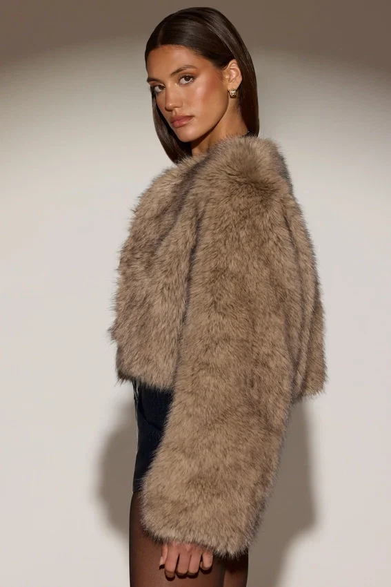 Galaia Cropped Faux-Fur Jacket in Light Brown Galaia Cropped Faux-Fur Jacket in Light Brown