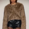 Galaia Cropped Faux-Fur Jacket in Light Brown Galaia Cropped Faux-Fur Jacket in Light Brown