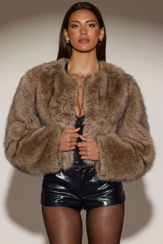 Galaia Cropped Faux-Fur Jacket in Light Brown Galaia Cropped Faux-Fur Jacket in Light Brown