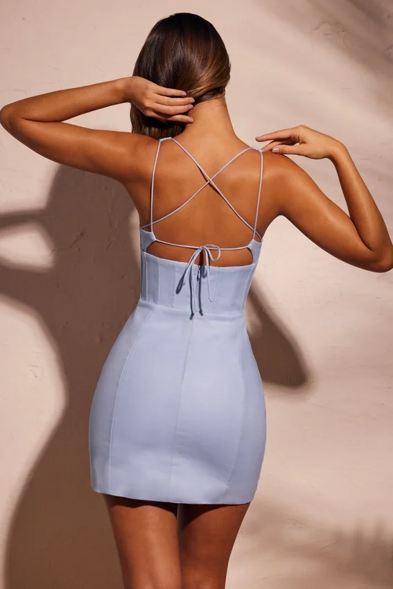 Giovana Lace Up Back Linen Mini Dress in Sky Grey Giovana Lace Up Back Linen Mini Dress in Sky Grey