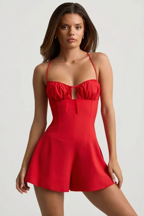Helaia Ruched Backless Playsuit in Scarlet Red Helaia Ruched Backless Playsuit in Scarlet Red