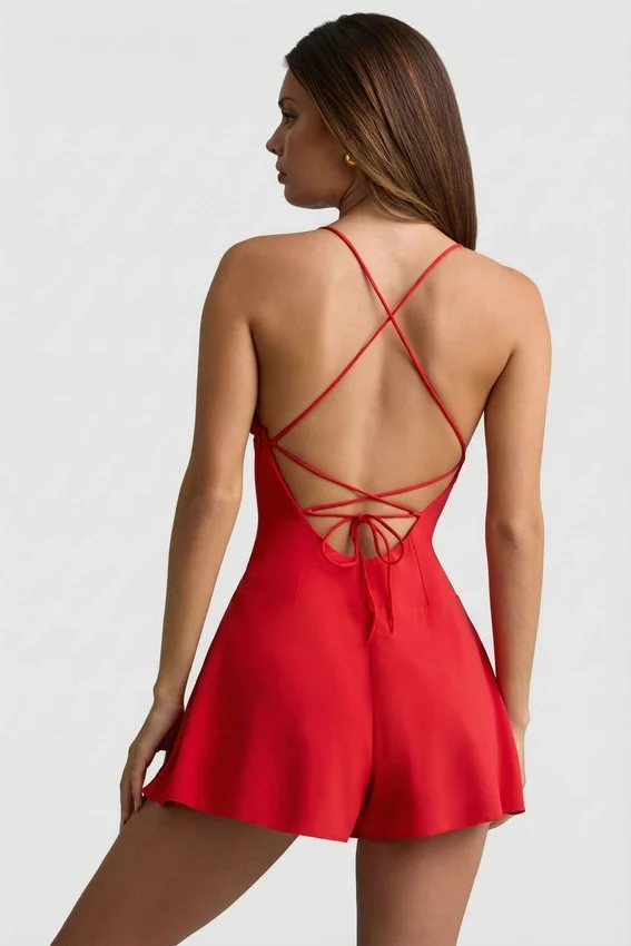 Helaia Ruched Backless Playsuit in Scarlet Red Helaia Ruched Backless Playsuit in Scarlet Red