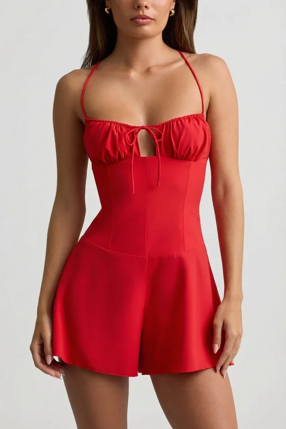 Helaia Ruched Backless Playsuit in Scarlet Red Helaia Ruched Backless Playsuit in Scarlet Red