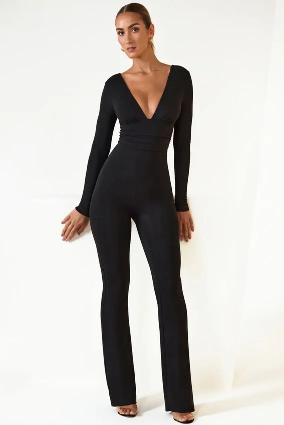 Helene Modal Ruched Plunge Flared Jumpsuit in Black Helene Modal Ruched Plunge Flared Jumpsuit in Black
