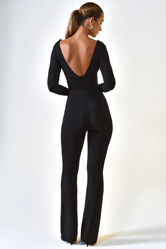 Helene Modal Ruched Plunge Flared Jumpsuit in Black Helene Modal Ruched Plunge Flared Jumpsuit in Black