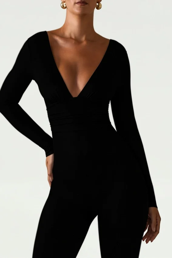 Helene Modal Ruched Plunge Flared Jumpsuit in Black Helene Modal Ruched Plunge Flared Jumpsuit in Black
