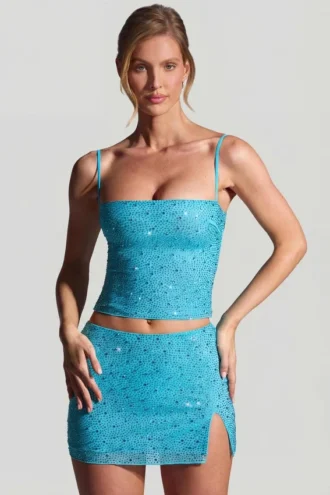 Inina Embellished Mid-Rise Micro Mini Skirt in Aqua Blue Inina Embellished Mid-Rise Micro Mini Skirt in Aqua Blue