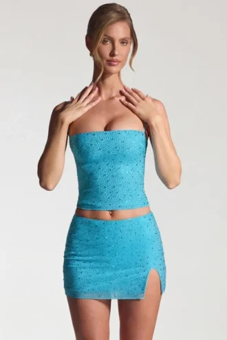 Inina Embellished Mid-Rise Micro Mini Skirt in Aqua Blue Inina Embellished Mid-Rise Micro Mini Skirt in Aqua Blue